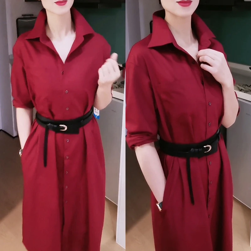 酒红色连衣裙女2025春夏季新款轻奢高级感收腰显瘦通勤百搭衬衫裙