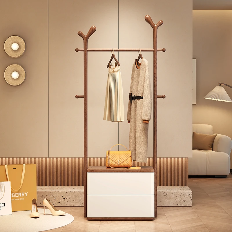 白蜡木衣帽架落地卧室实木客厅简约创意挂衣架挂包收纳抽屉衣服架