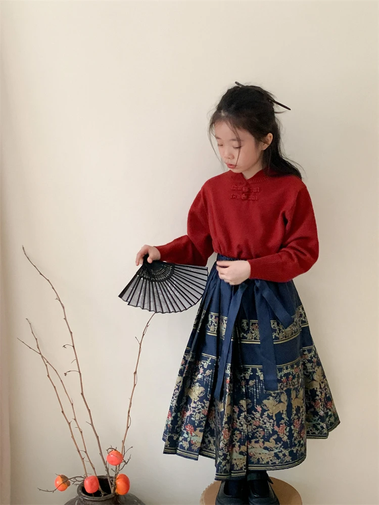 冬季新款女童中国风古装汉服套装盘扣针织毛衣儿童马面裙