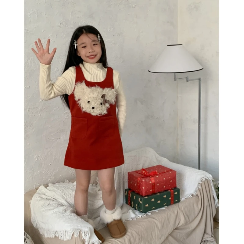 韩国女童冬装可爱立体小狗背心裙宝宝洋气加绒毛呢连衣裙