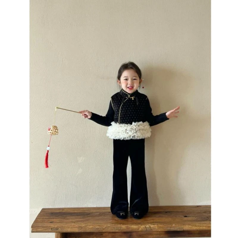 新中式女童套装冬季国风复古烫钻拼纱旗袍马甲加绒喇叭裤