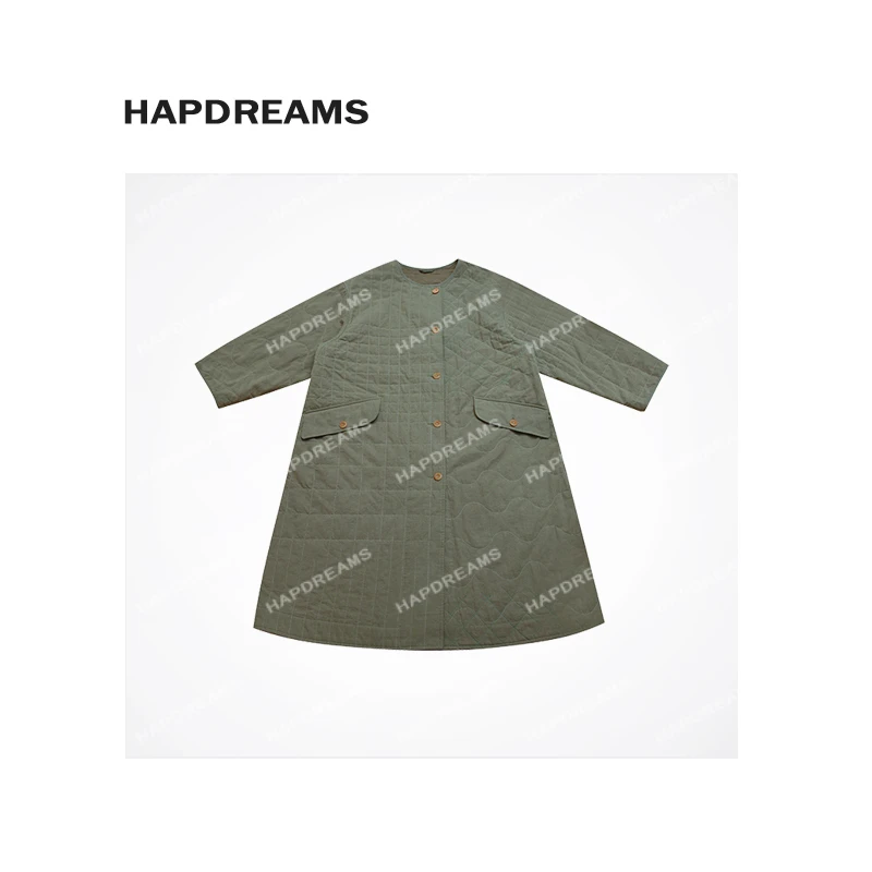 军绿色绗线长外套 复古无领不规则缝线阔型休闲棉服短外套