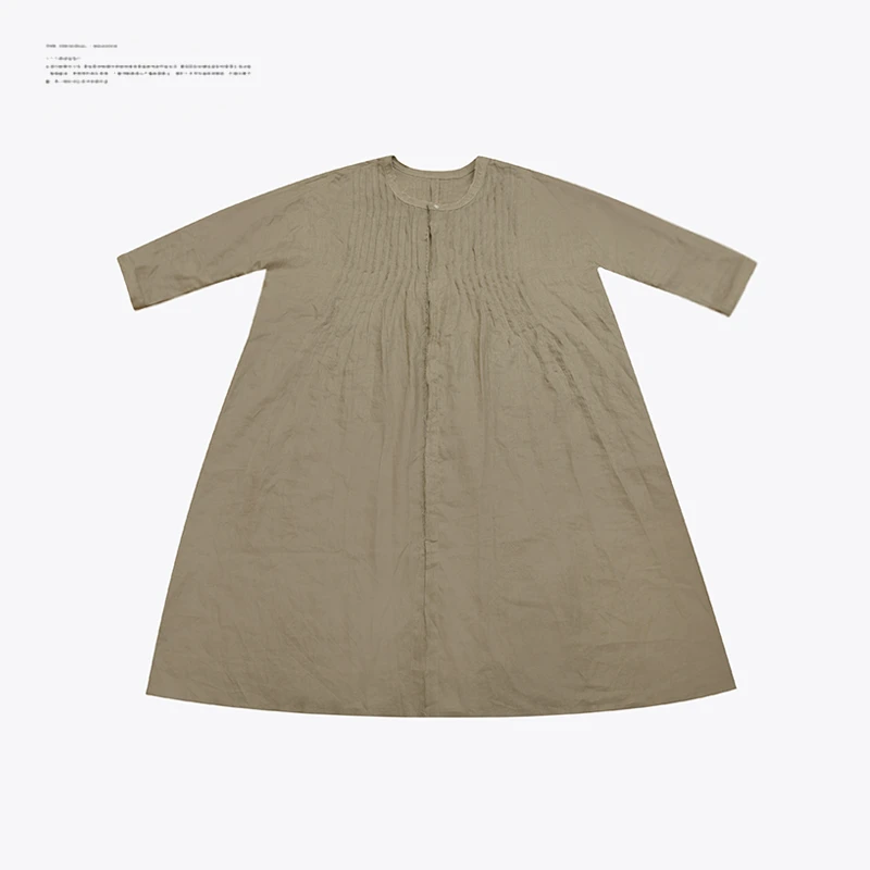 法式亚麻连衣裙 夏季复古大地色圆领毛边衬衫长款连体长袖