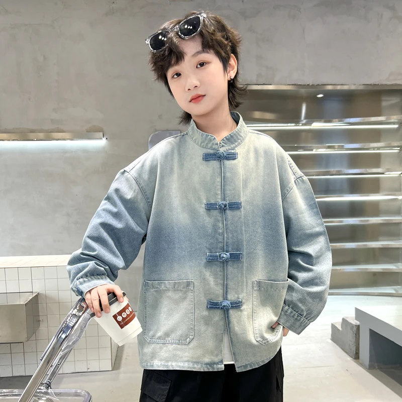 儿童时尚国风唐装上衣2024秋季新款男童时尚外套中大童牛仔上衣