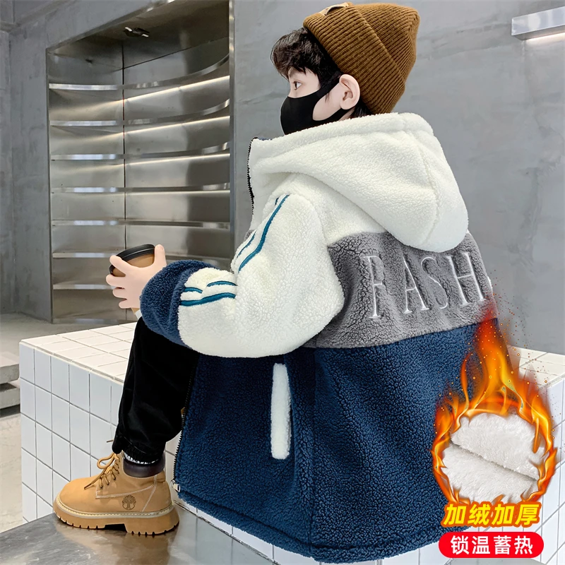 男童加绒加厚秋冬装夹棉衣颗粒绒外套2023新款中大童男孩儿童棉服