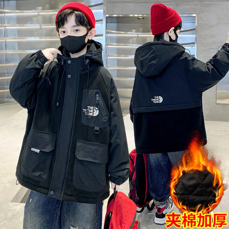 男童秋冬外套2024新款中大童休闲男孩冲锋秋装儿童加厚上衣潮外套