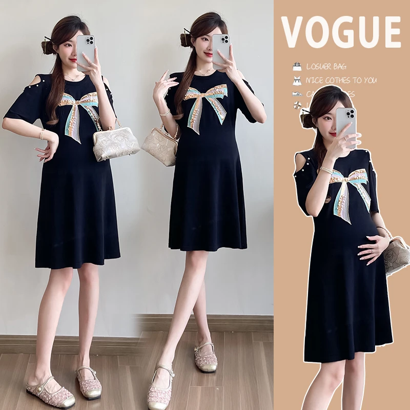 145-150-155小个子孕妇连衣裙子2024夏季宽松显瘦减龄洋气蝴蝶结8