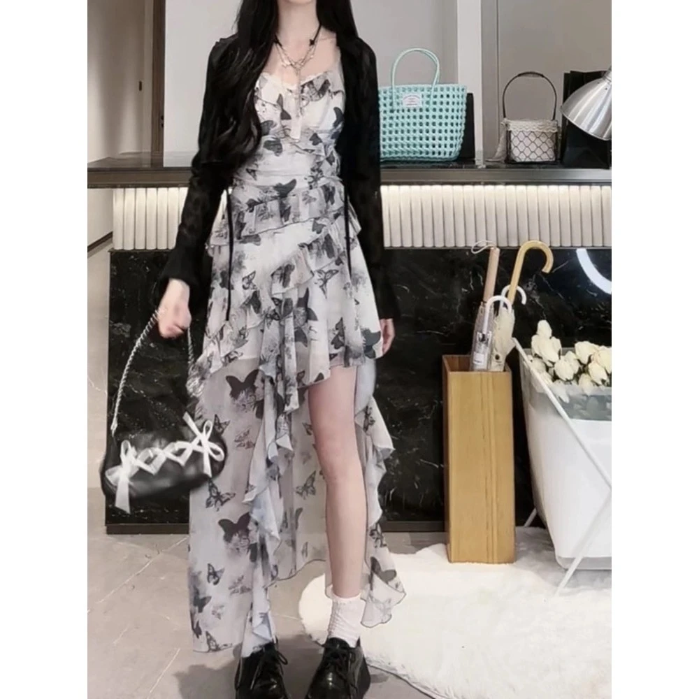 QF00407碎花蝴蝶吊带长裙子女收腰2024早春新款显瘦连衣裙