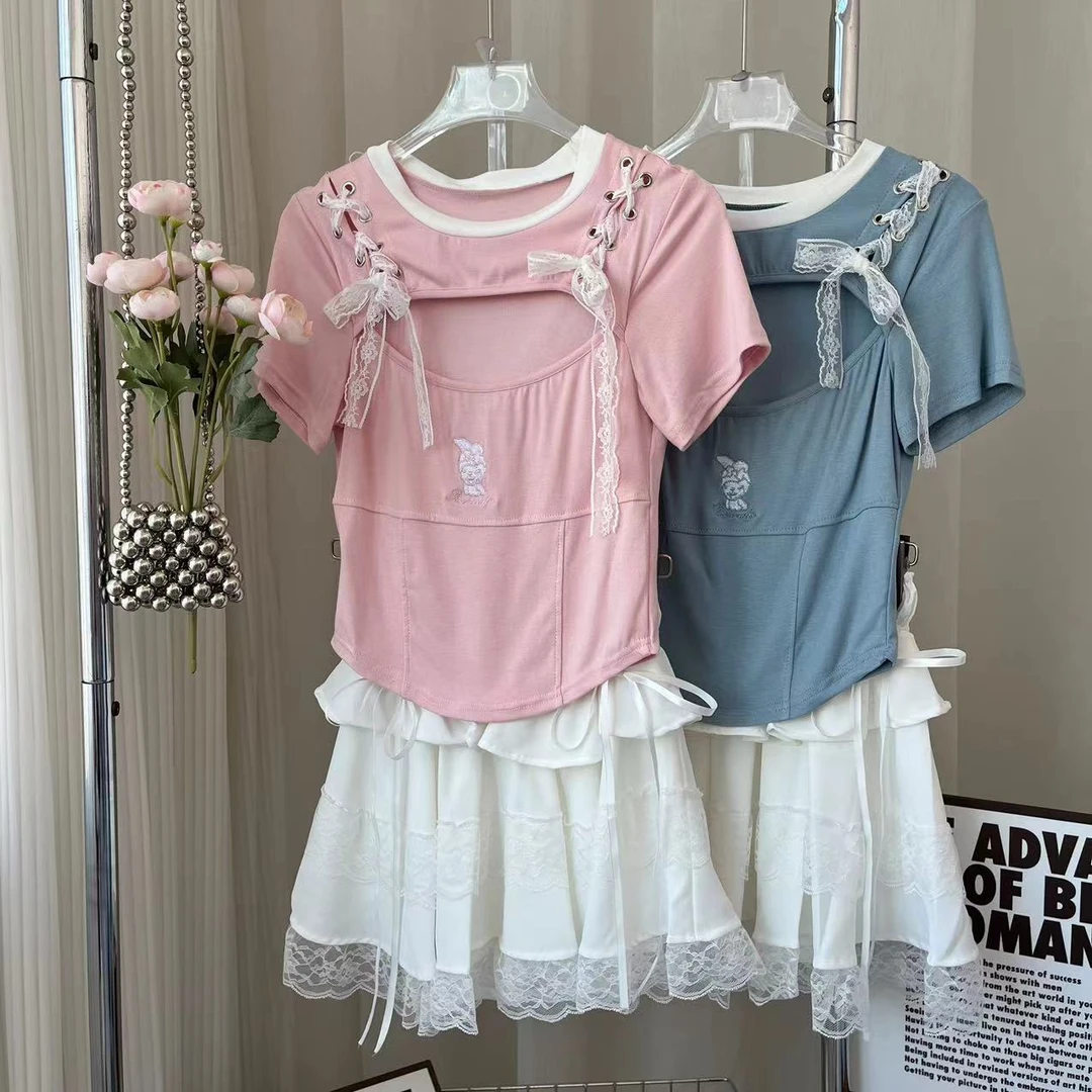 W00719复古绑带不规则短袖t恤套装女2024夏季美式套装