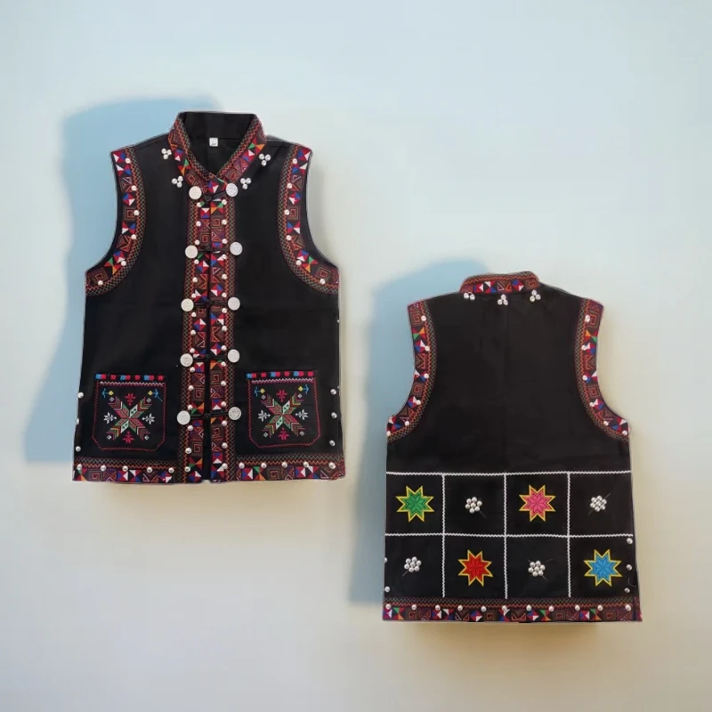 新款黑色帆布马甲哈尼族拉祜族男款马褂带毛球铃铛立领墨江马夹