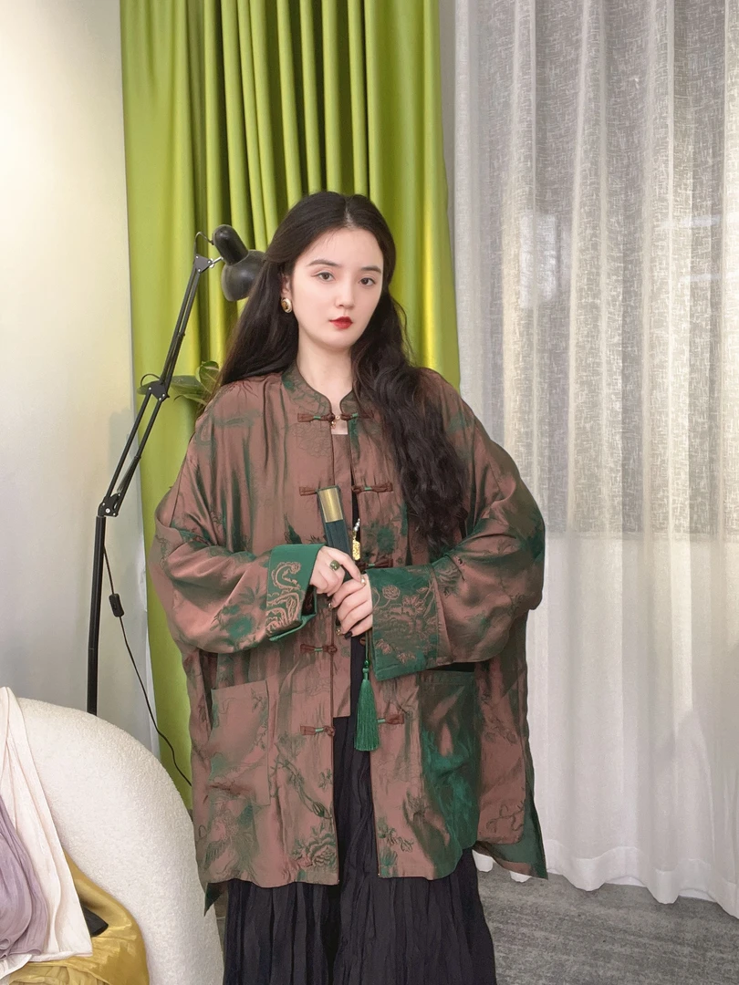 月畔湾【窦燕山】新中式休闲薄款宽松百搭拼袖新中式衬衣外披外套