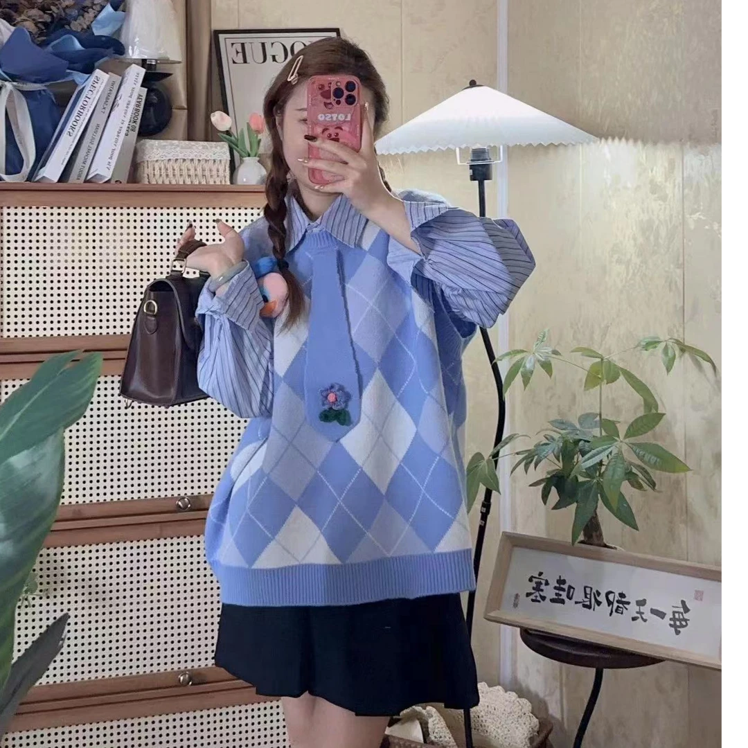 【大麦推荐】蓝色领带开衫大码毛衣女2024秋冬新款百搭宽松针织杉