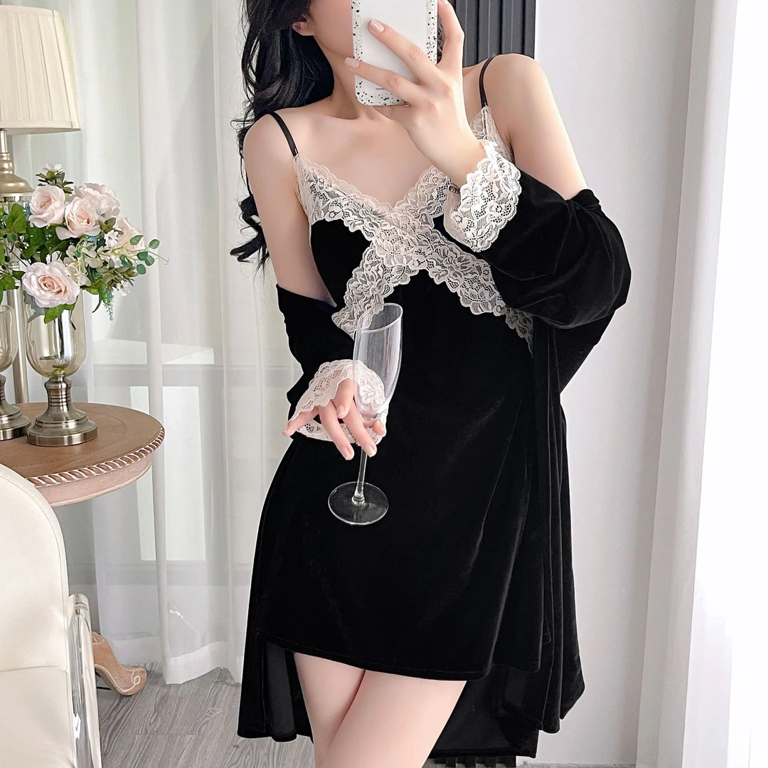 金丝绒睡衣女秋冬长袖浴袍纯欲风性感蕾丝v领带胸垫吊带睡裙套装