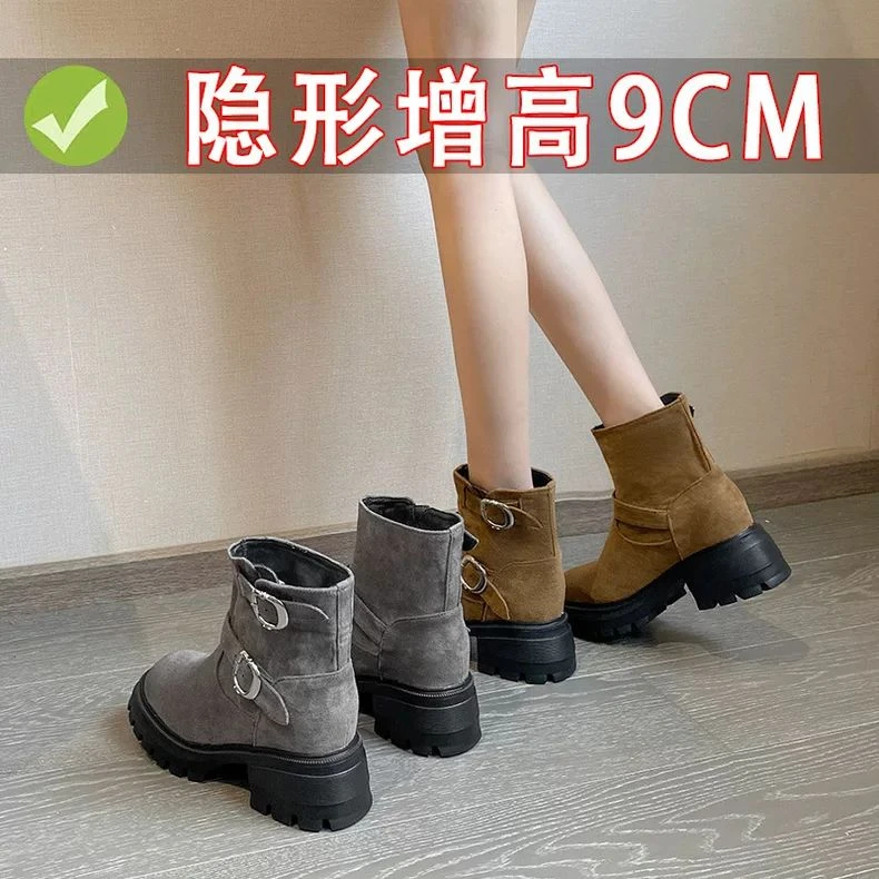 小个子内增高9cm短筒马丁靴女皮带扣复古灰色瘦瘦靴厚底粗跟短靴