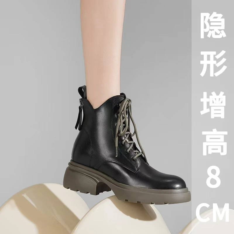 真皮马丁靴女款2024秋冬季新款小个子高跟靴内增高厚底英伦风短靴