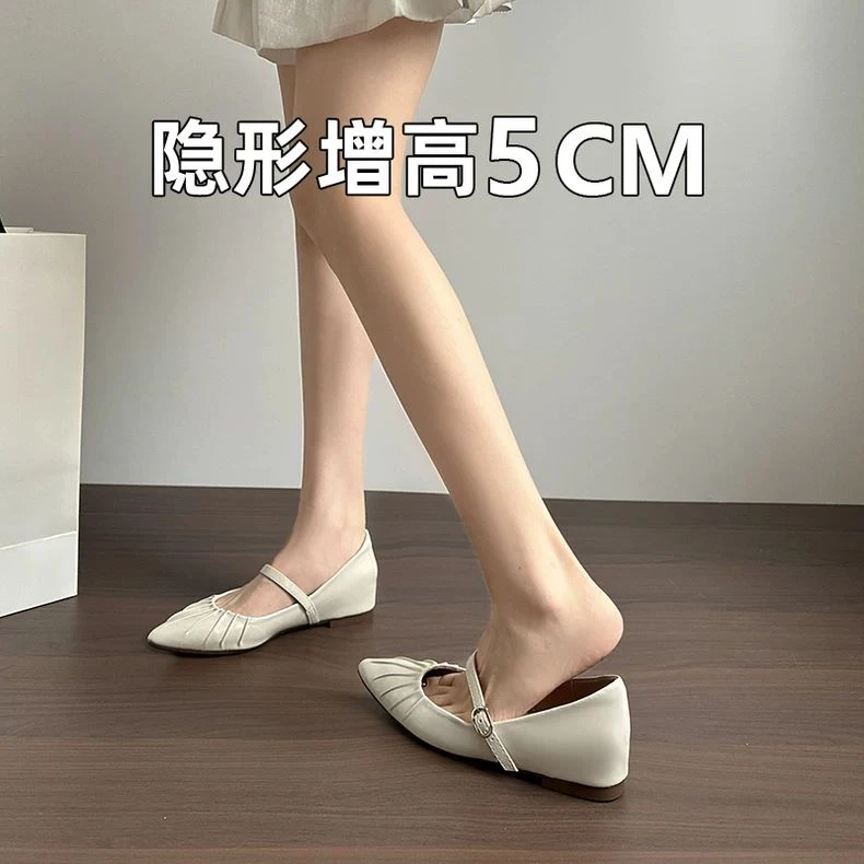 羊皮版~白色褶皱内增高尖头单鞋夏季浅口百搭通勤百搭玛丽珍女鞋