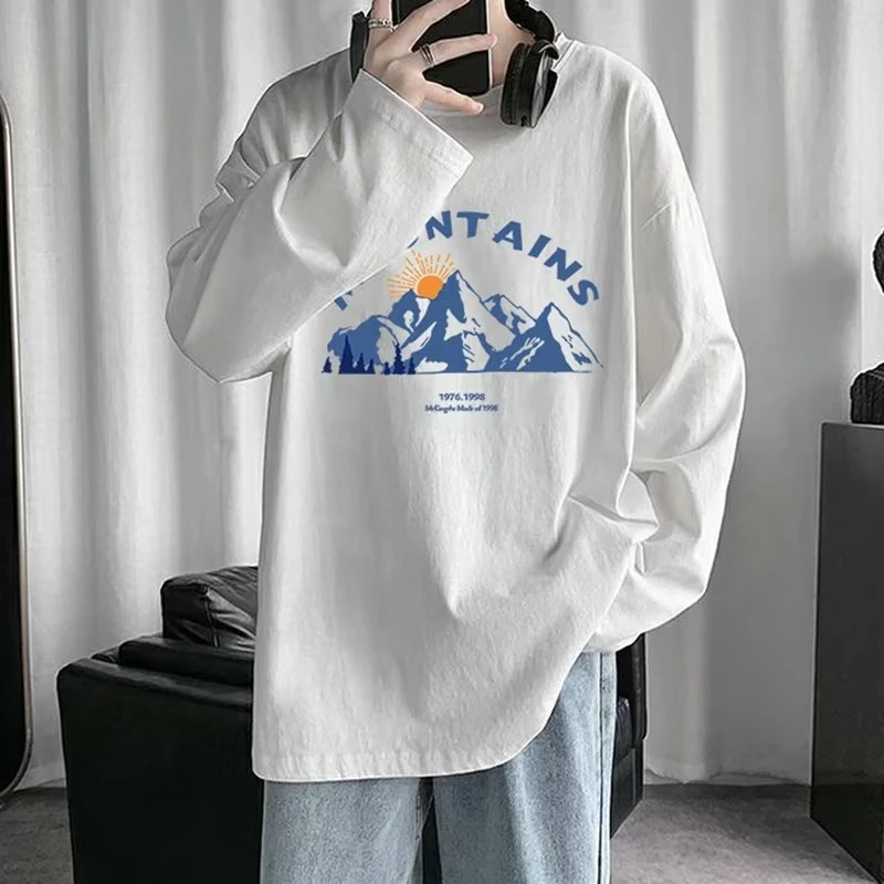 长袖t恤男春秋季圆领宽松男生打底衫青少年男士白色印花内搭上衣