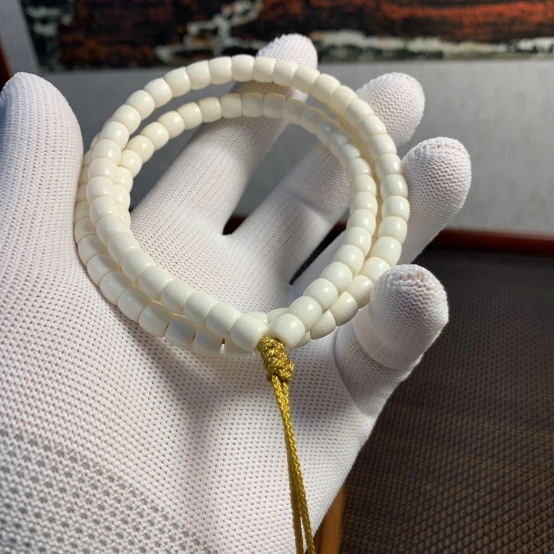 天然原色驼骨老白料精工直切108佛珠脖挂无脱脂精工品质