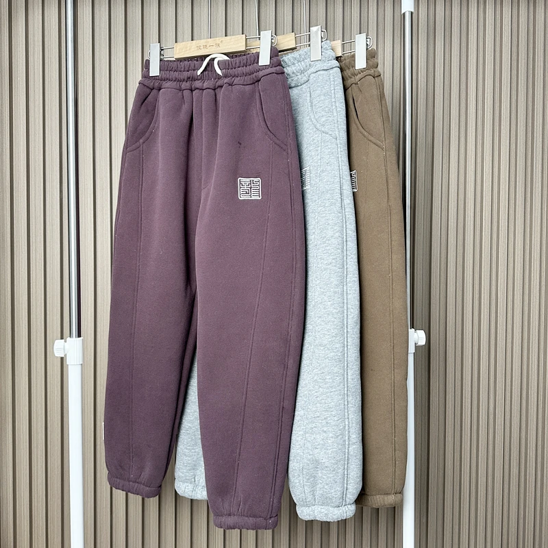 C042大童加绒加厚裤子男童运动裤女童加厚长裤年款龙年青少年裤子