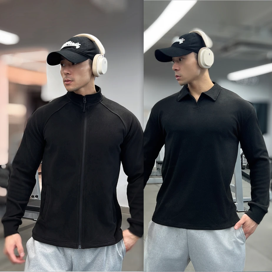 秋冬重磅双面德绒保暖修身健身拉链/复古POLO领长袖