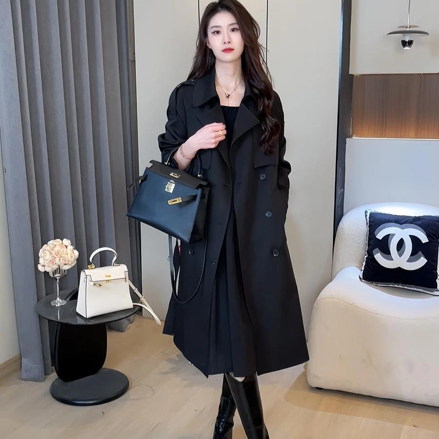 风衣外套女款2025新款秋季小个子中长款收腰西装领双排扣大码大衣