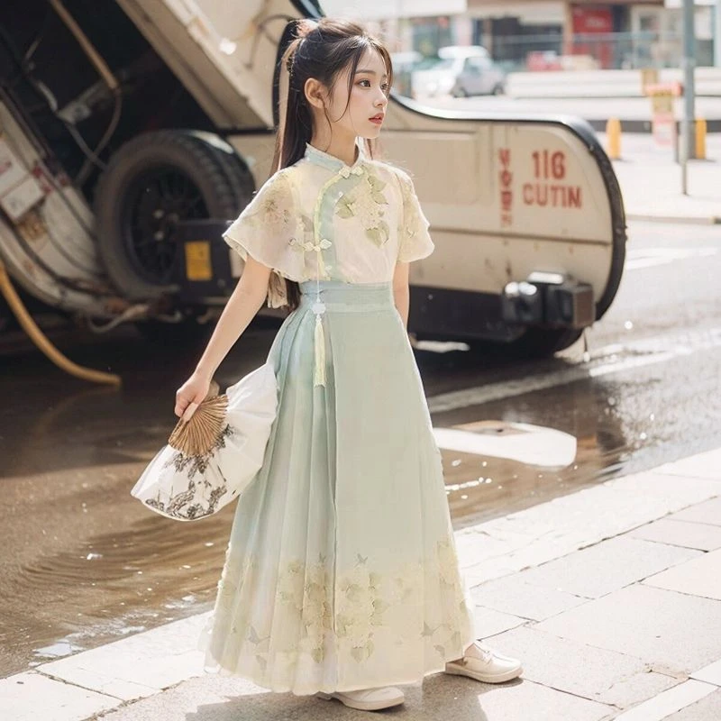 女童中秋国庆节马面裙夏季儿童汉服中国风唐装仙气古装浅绿色女孩