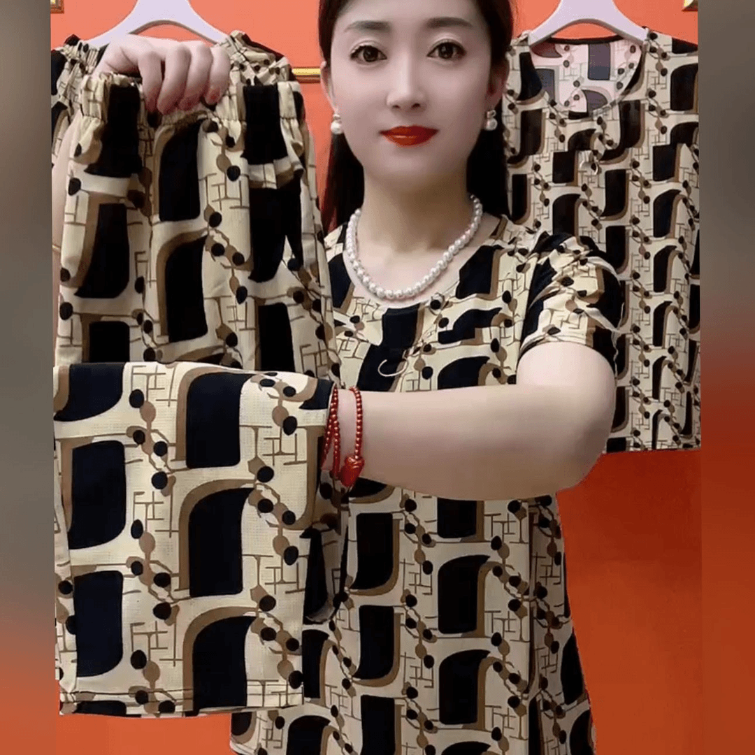 中老年夏季妈妈套装短袖上衣裤子两件套新款时尚洋气薄款冰丝5060