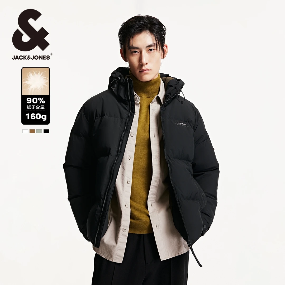 杰克琼斯男士好排骨羽绒服直筒连帽字母刺绣保暖纯色秋冬时尚男装