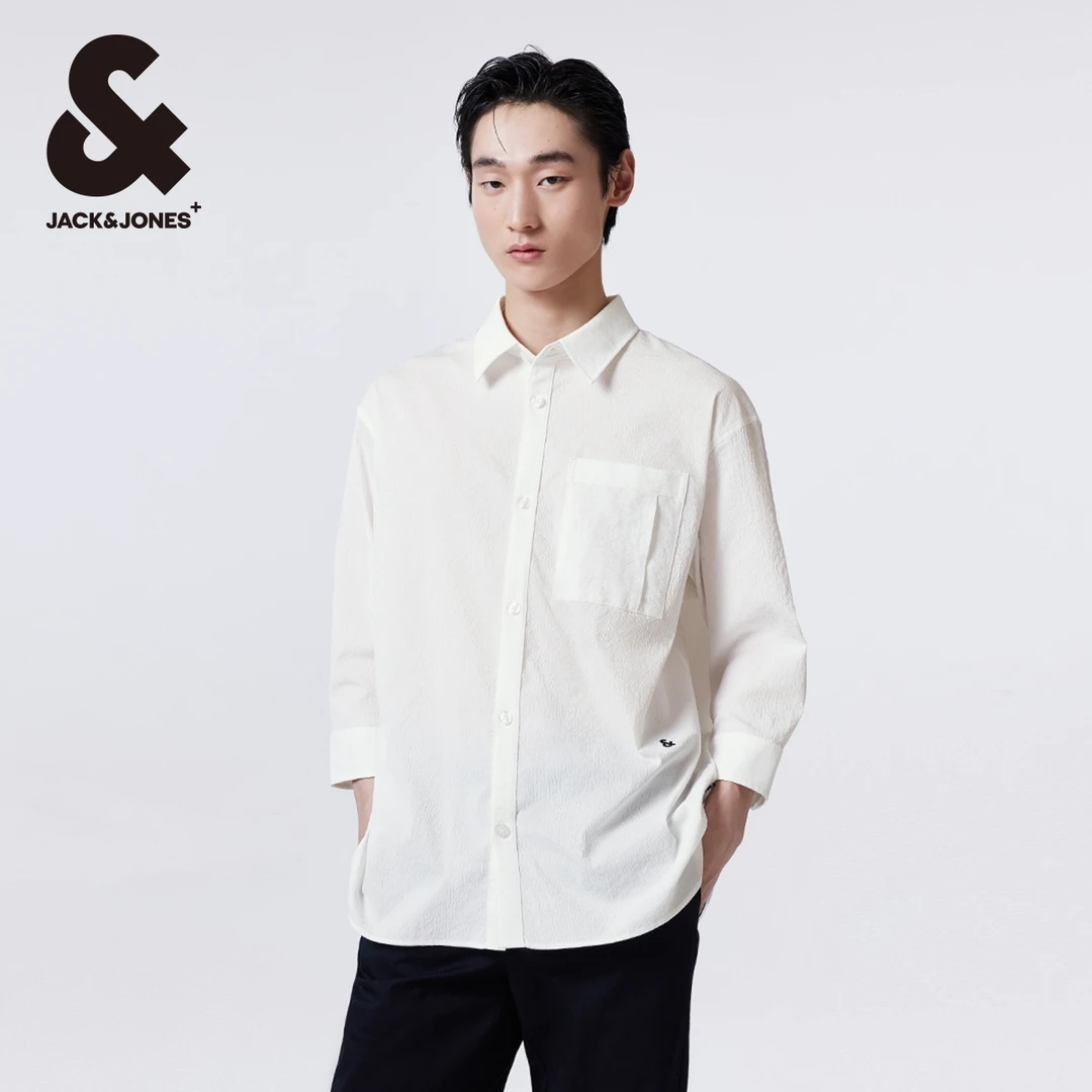 杰克琼斯秋季新款潮流男士衬衣翻领简约百搭刺绣宽松七分袖衬衫