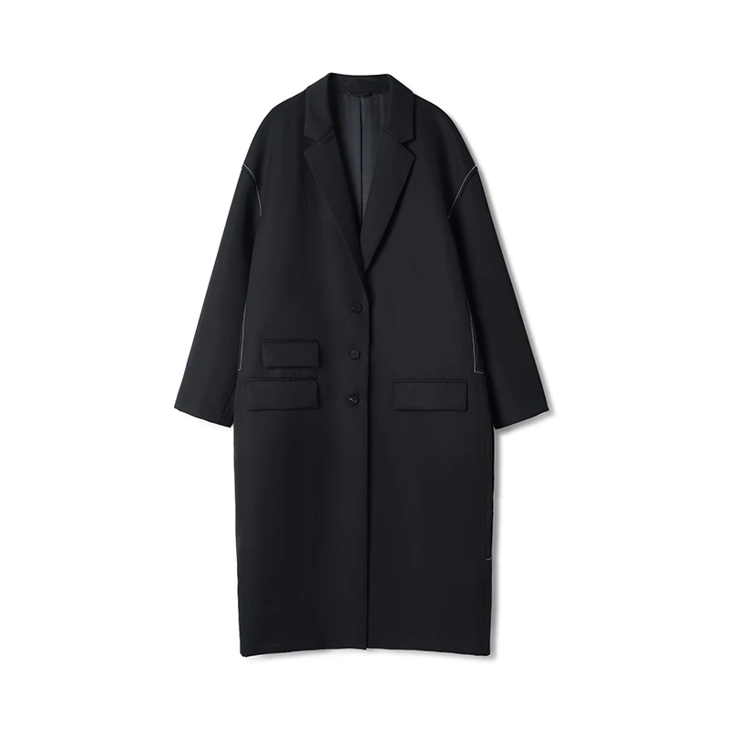 晒笙·100%纯羊毛风衣外套女明线黑色大衣长款高级感时尚西装外套