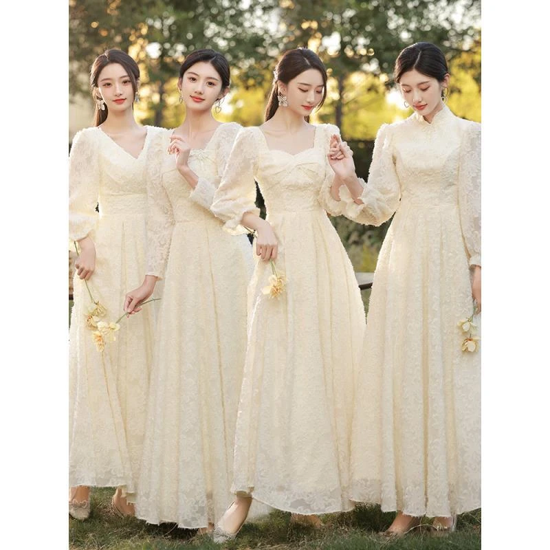 香槟色伴娘服长款2025冬季新款结婚姐妹裙伴娘团仙气质长袖礼服裙