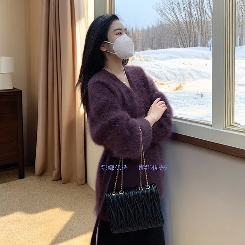 【北欧暖冬】娜娜优选慵懒风高奢V领中长款套头动物真毛拉绒飘带