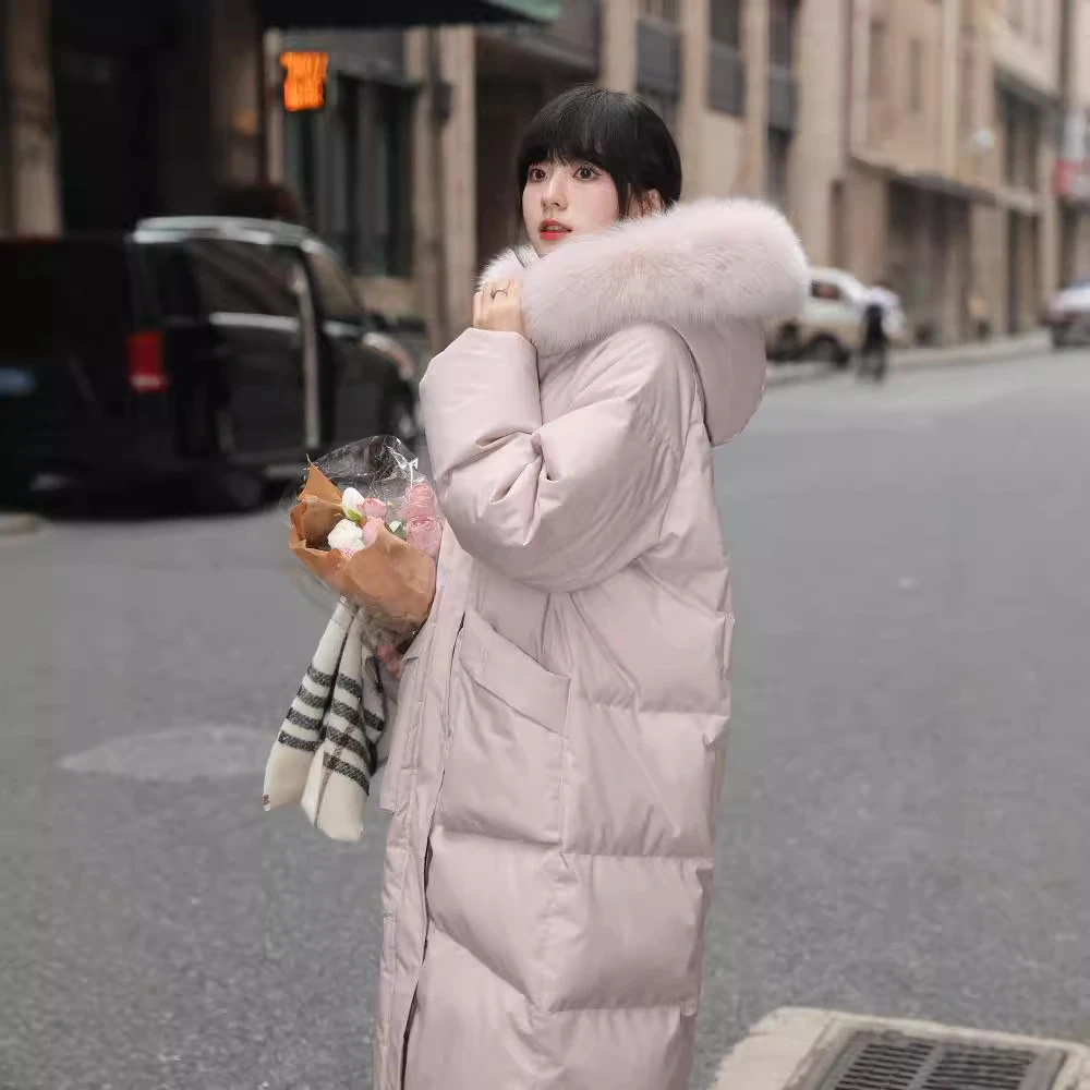 2024网红羽绒服女中长款韩版宽松加厚大毛领90白鸭绒学院风外套潮
