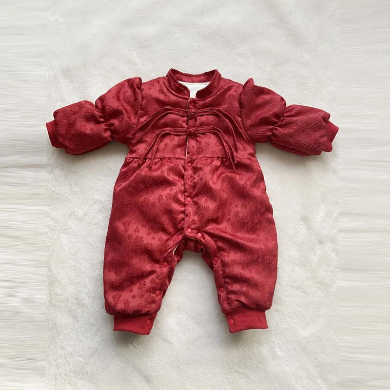 婴儿秋冬款衣服中国风提花盘扣连体衣泡泡袖哈衣宝宝喜庆加厚爬服