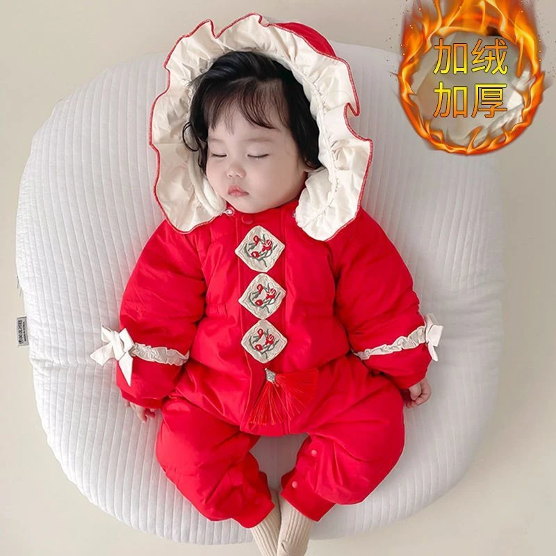 婴儿冬款加绒加厚大红拜年服女宝超萌满月百天公主哈衣喜庆过年服