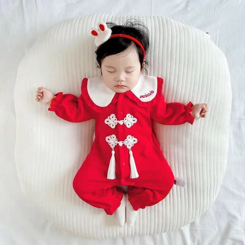 中国风婴儿衣服春秋新生宝宝满月百天周岁礼服包屁衣唐装哈衣套装