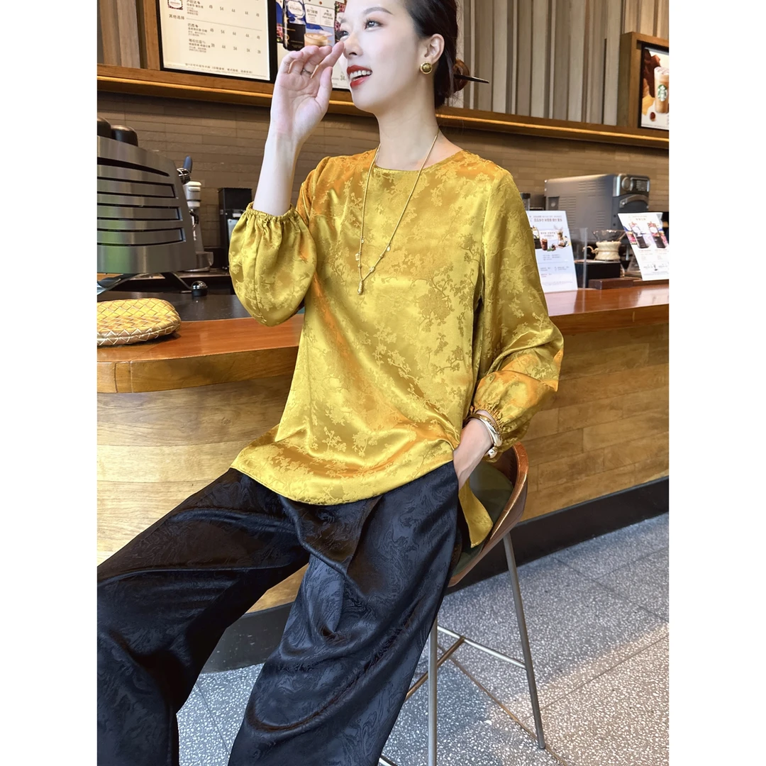 【老罗家】原创真丝衬衫桑蚕丝提花金色显瘦圆领灯笼袖新中式上衣