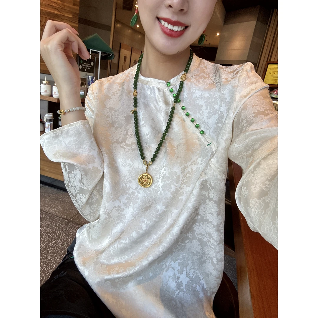 【老罗家】原创真丝衬衫早春款桑蚕丝花罗提花宽松显瘦气质打底衫