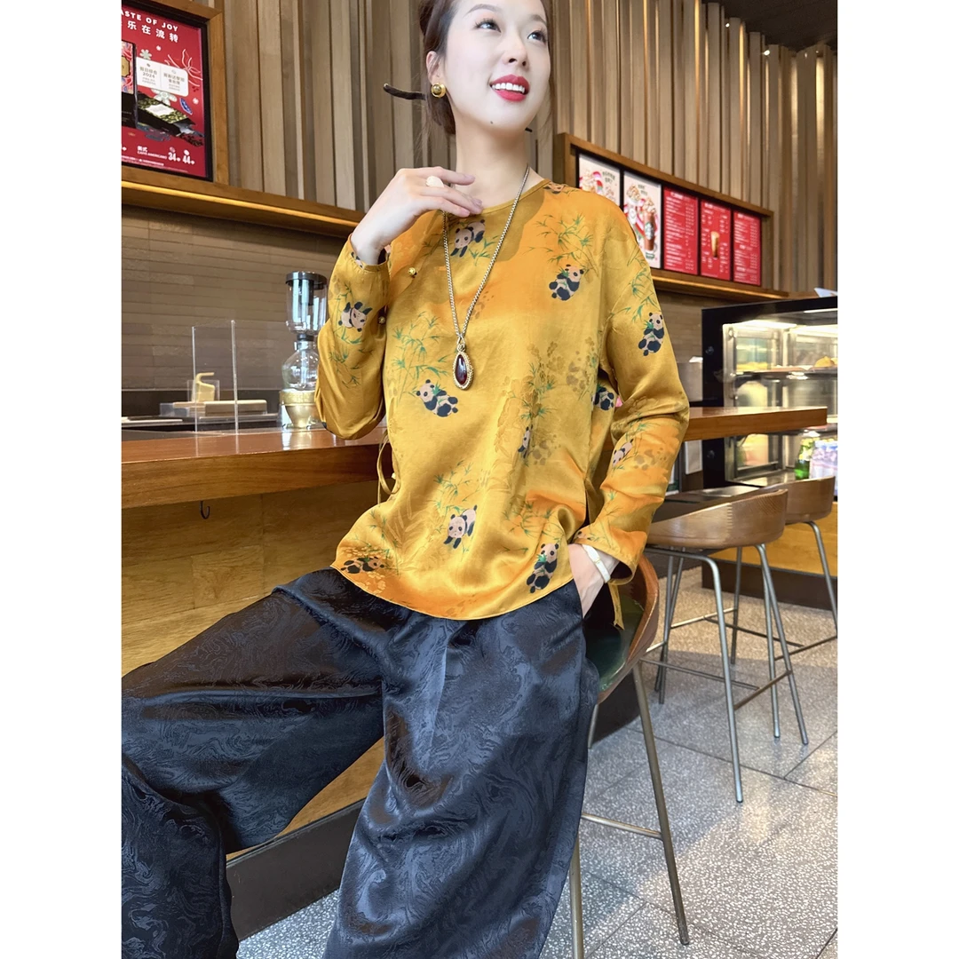 【老罗家】原创真丝衬衫女桑蚕丝香云纱熊猫抱竹圆领宽松长袖上衣