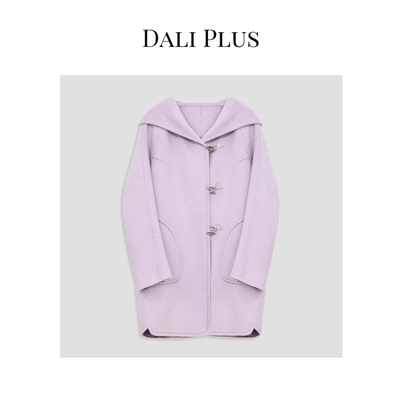 DALI PLUS桑蚕丝骆驼绒拼皮金属牛角扣连帽领双面呢大衣-23XX0069