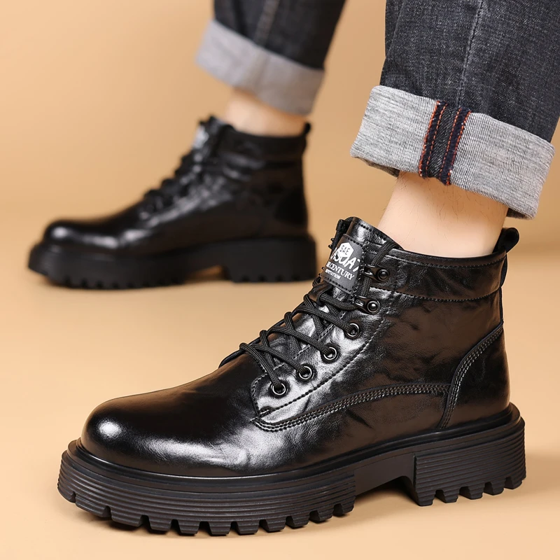 9907马丁靴男款黑色男士中高帮厚底增高软面软底百搭潮流男鞋