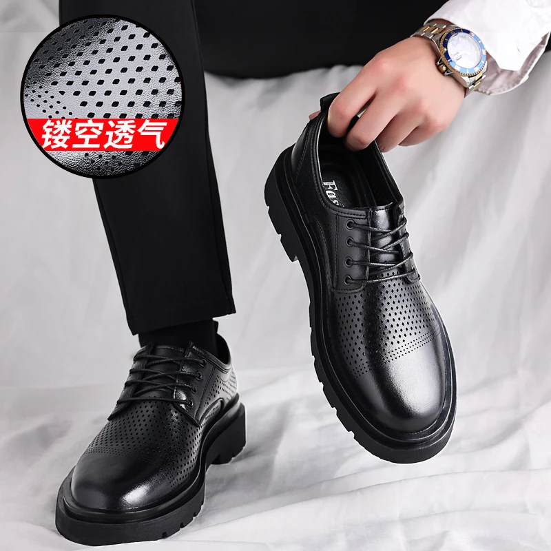 8816-1休闲皮鞋镂空透气皮鞋男牛皮正装商务凉鞋男士大头软底百搭