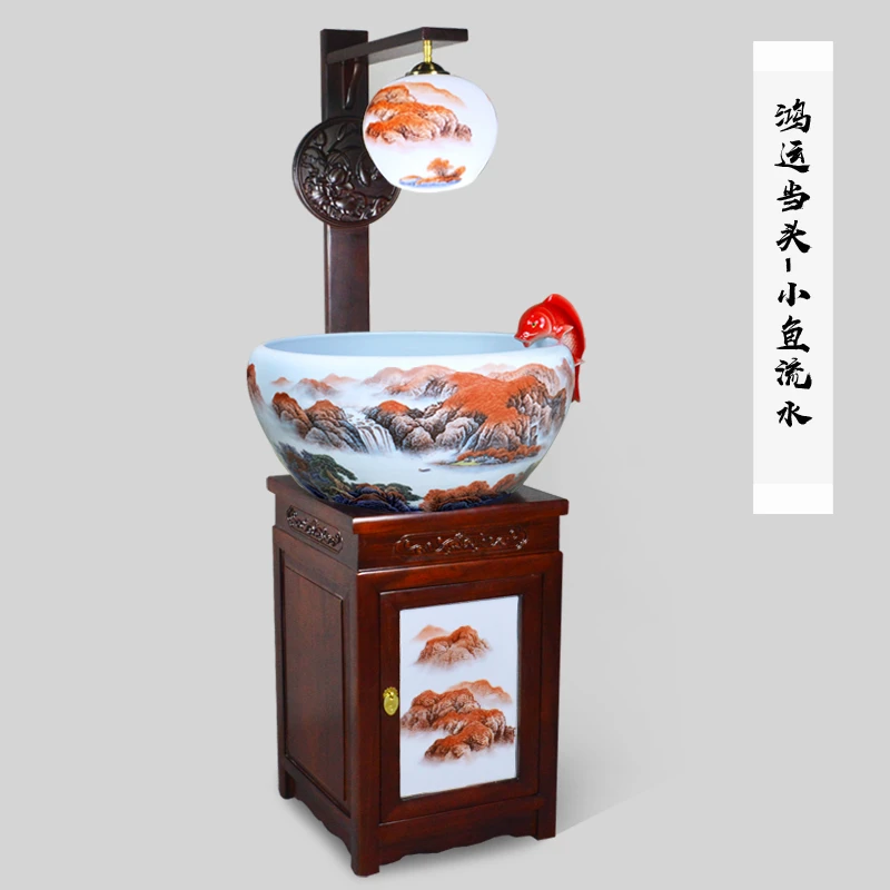 牧溪源实木底座陶瓷鱼缸过滤循环流水喷泉客厅家用养鱼盆金鱼缸