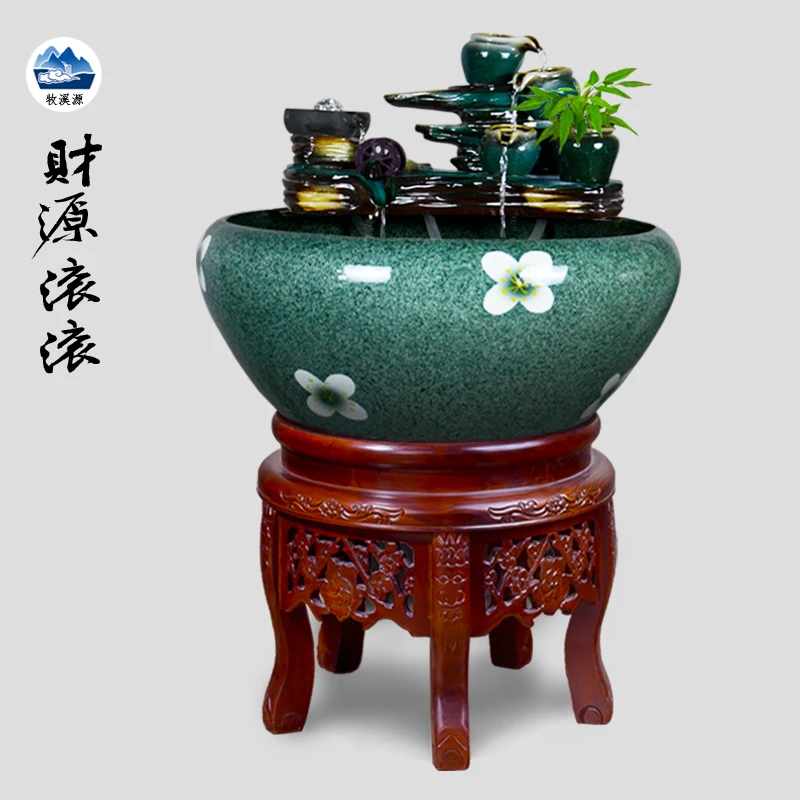 【陶瓷流水鱼缸】景德镇陶瓷鱼缸养鱼盆循环流水摆件带底座书房