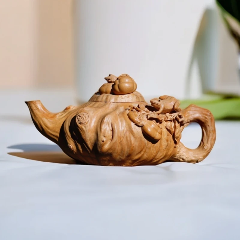 小叶黄杨木创意观赏壶《事事顶呱呱》茶室文房清供雅物木雕镂空摆件