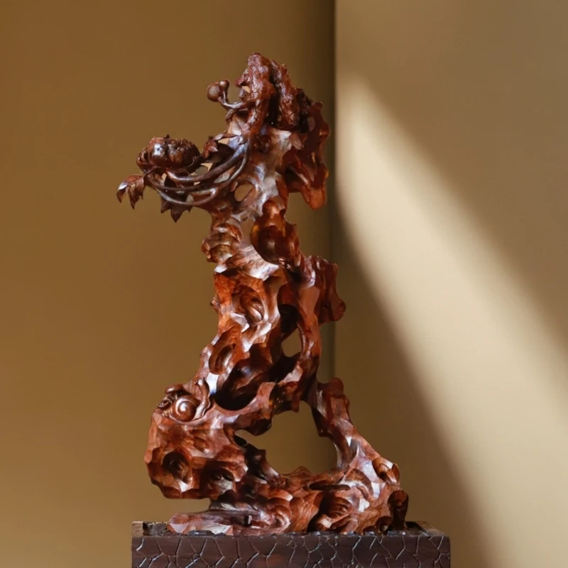 【已售】大红酸枝创意家居案摆《富贵呈祥》茶室文房木雕镂空雕刻摆件