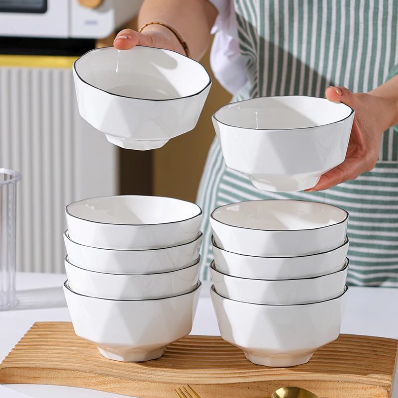 10个碗陶瓷碗家用米饭碗4.5英寸吃饭碗简约碗具新款菱形瓷碗餐具