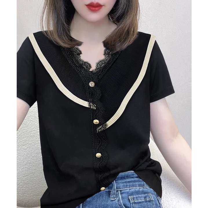 气质别致蕾丝V领设计感小众打底衫T恤女3188