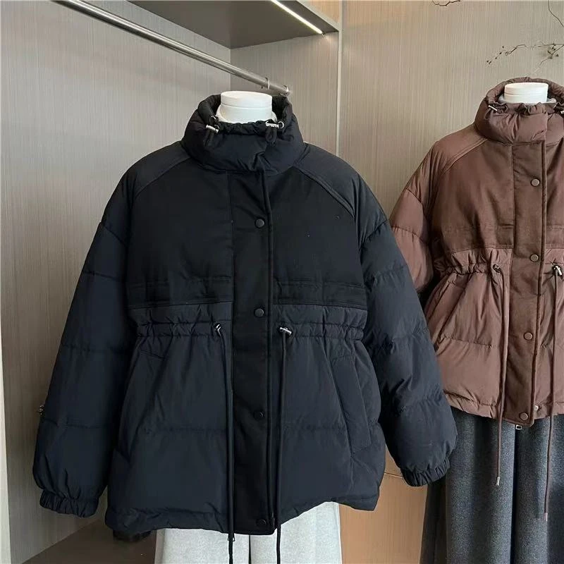 高端欧货冬季新款宽松休闲立领抽绳收腰羽绒服外套