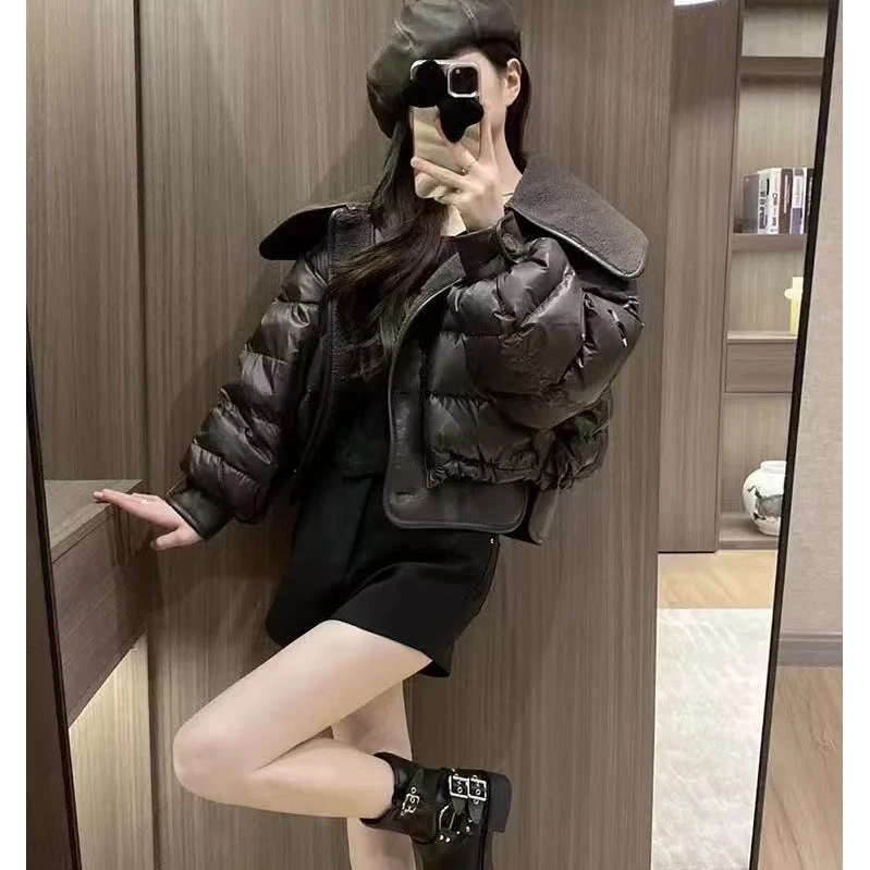 大翻领短款假两件羽绒服外套